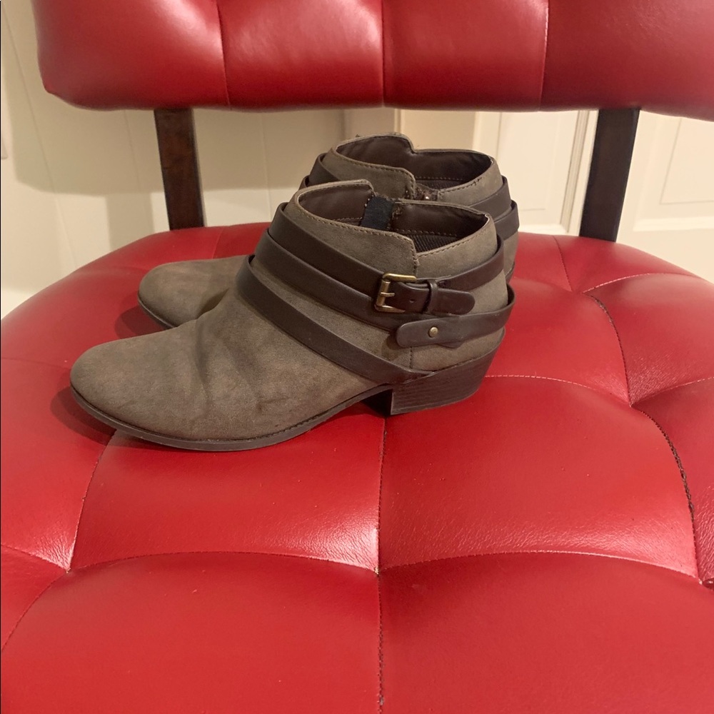 Gray and brown ankle booties